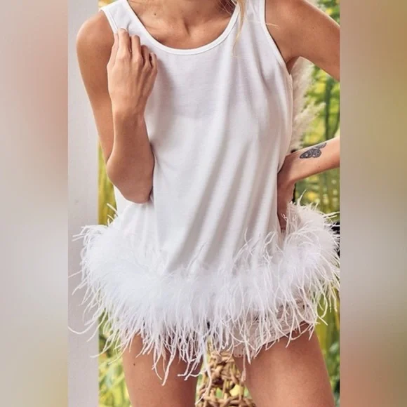 BiBi White Feather-Trimmed Sleeveless Top - Picture 1 of 6